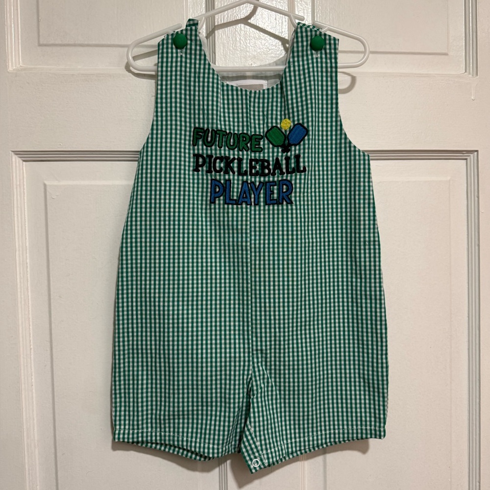 NEW 2T Pickleball JonJon‎ Shortalls Outfit One Piece Gingham Green Boys